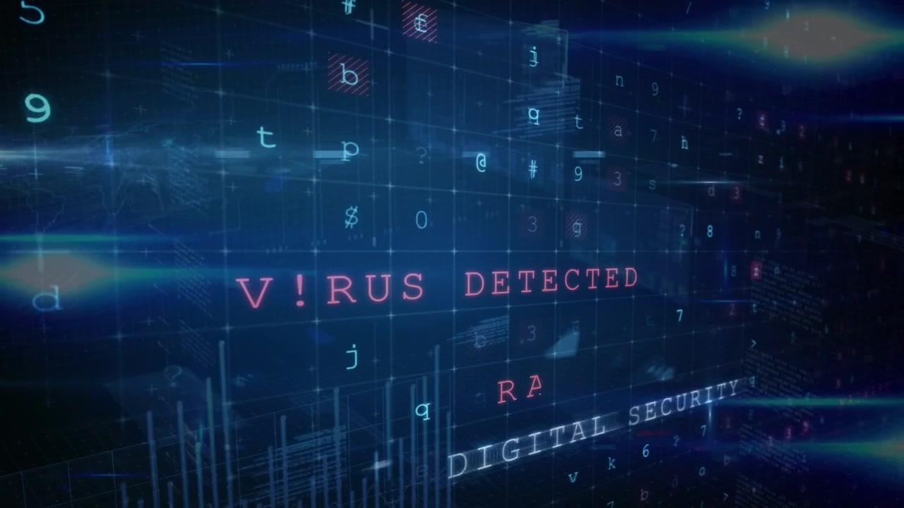 Digitalt cybersikkerhetsgrensesnitt som viser skadevare og brannmurvarsler