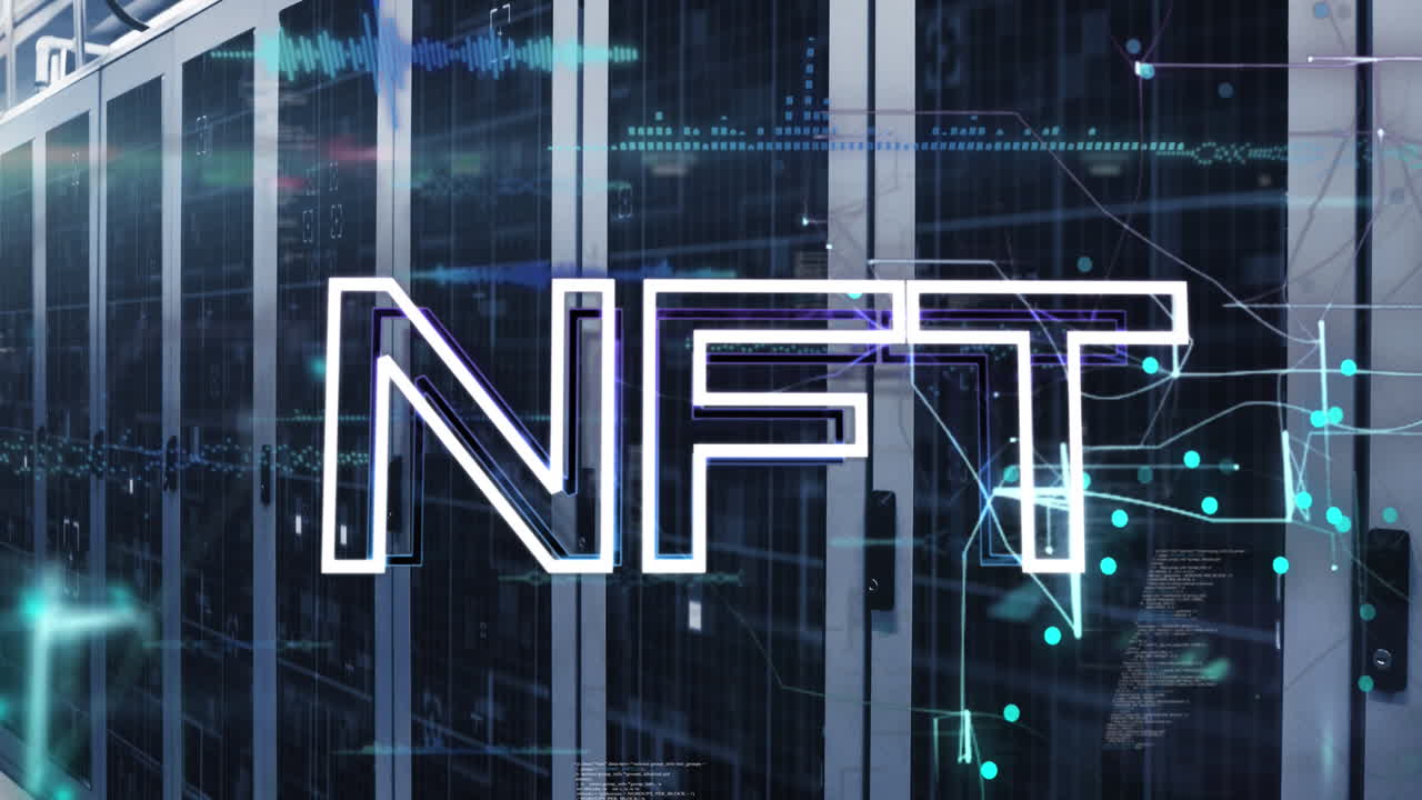 Animation af NFT-tekst databehandling over computerservere