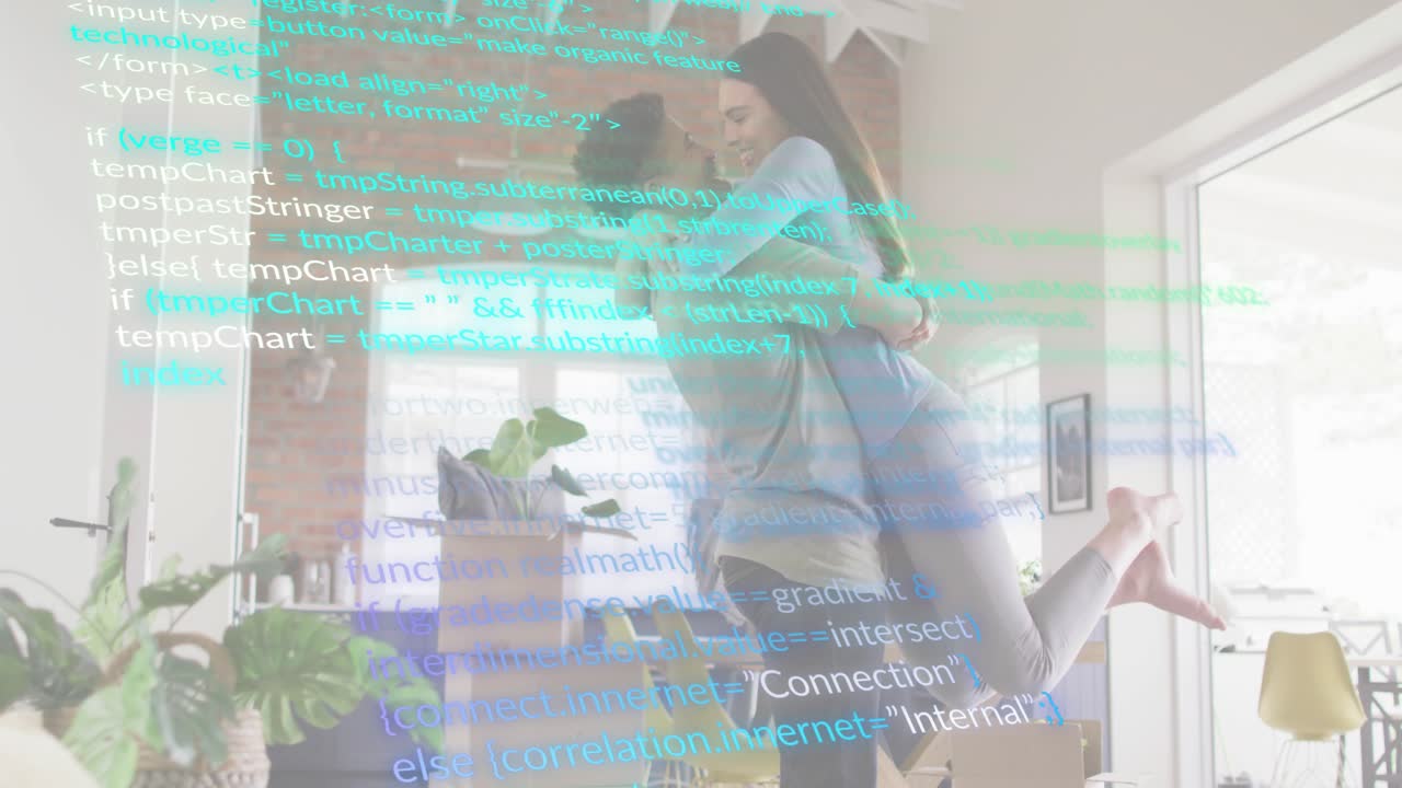 Couple embracing and marking moving while code overlay shifting across living room for real estate