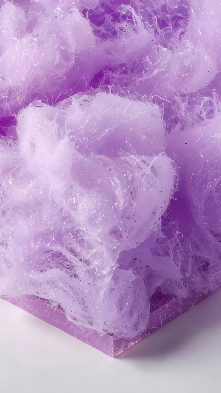 Vertical video: Camera panning across purple tray to center, showing fine tuft threads for detail