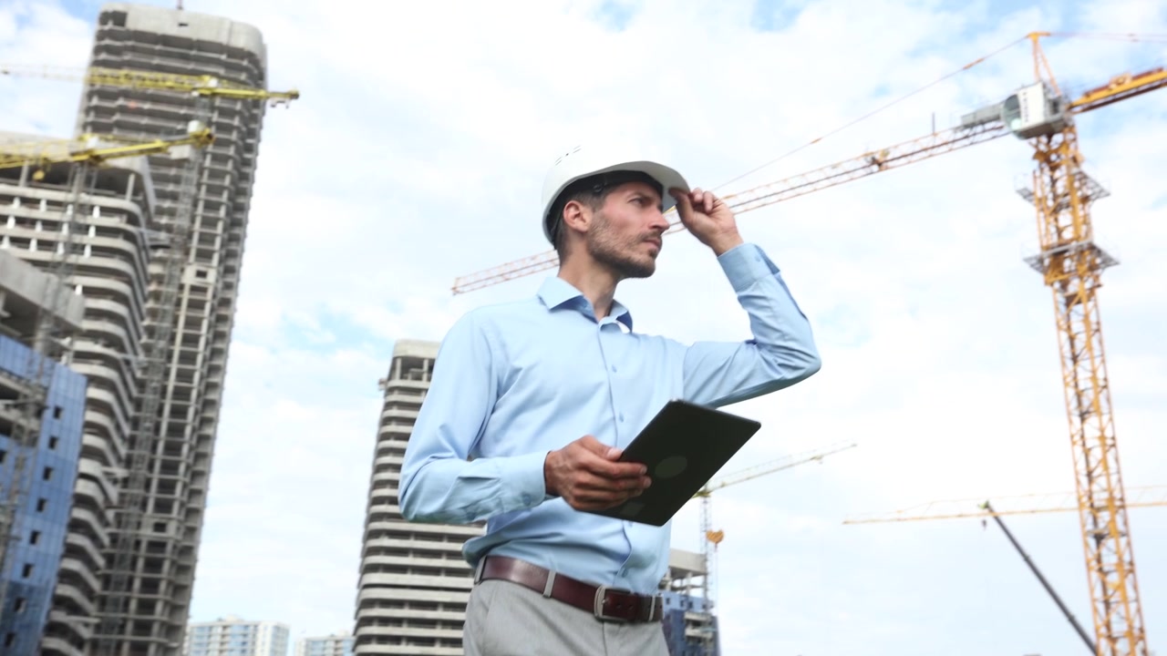 Ingeniero profesional inspeccionando obra con tableta digital