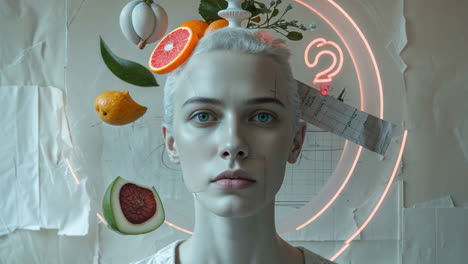 surreal portrait with floating fruits and neon elements