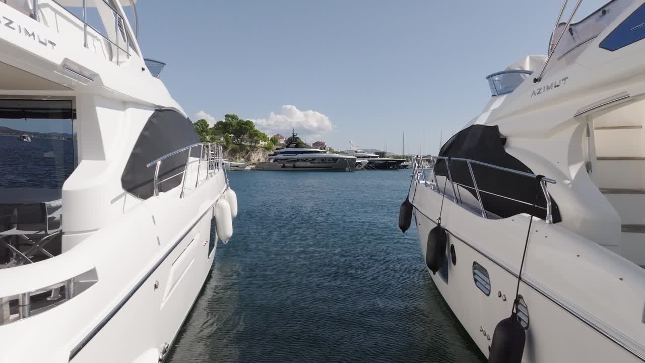Luxury yacht docked in Croatia, dolly forward view