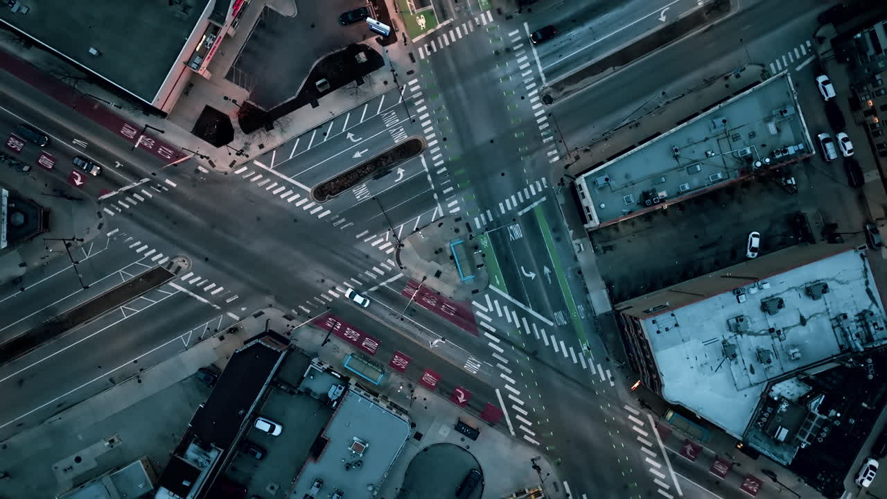 Top down drone shot rotating above a quiet intersection in West Town, Chicago