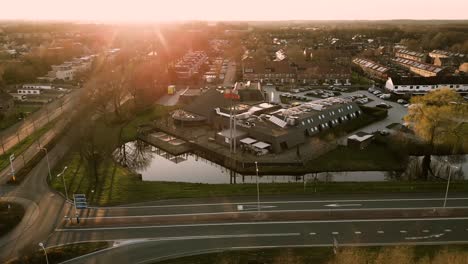 aerial view of a town in the netherlands at sunset