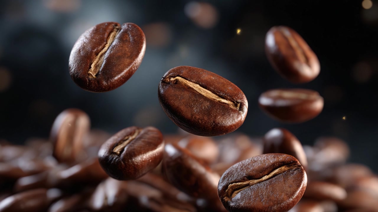 Flydende kaffebønner mod en mørk baggrund, der fremhæver deres rige tekstur og smag, hvilket fanger essensen af friskristet kaffe med fantastisk detalje.