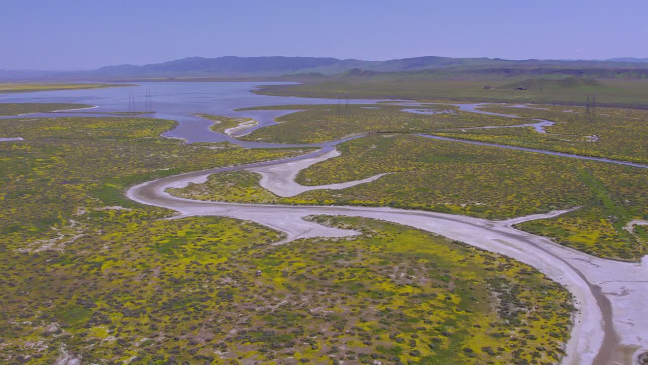 Aerial Bird's Eye View of Carrizo Plain in California During the Superbloom