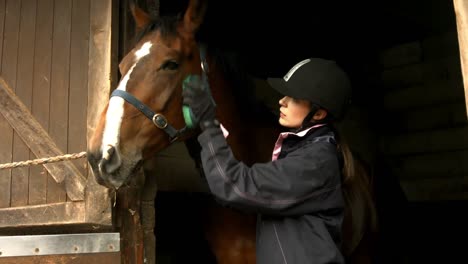 pretty brunette with horse in stable