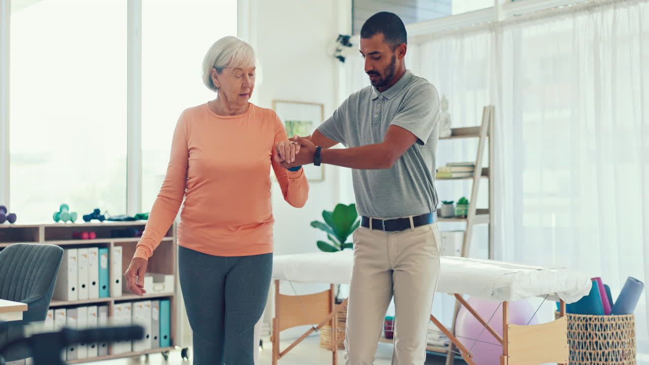 Man, physiotherapy and patient walking in elderly