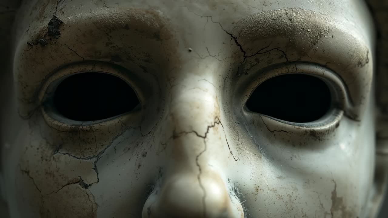 Pulling camera view revealing aged cracked mask in dark studio, emphasizing hollow eye sockets