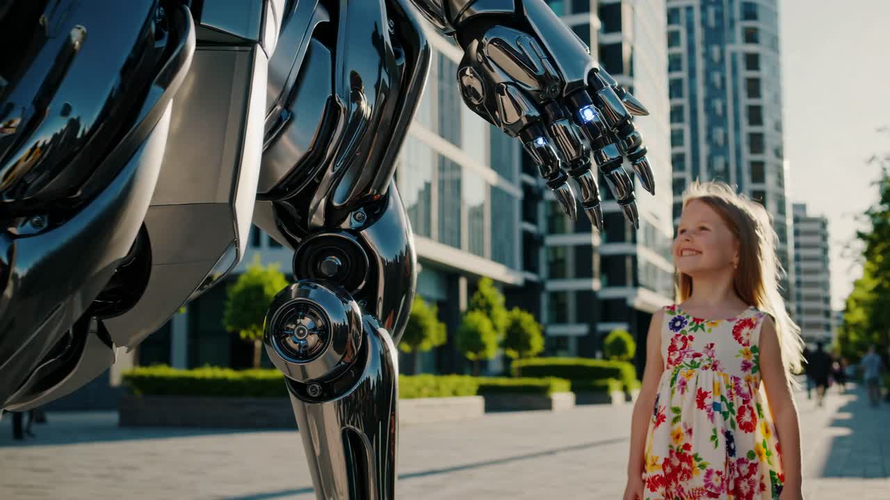 Child interacting with a giant robot in the city
