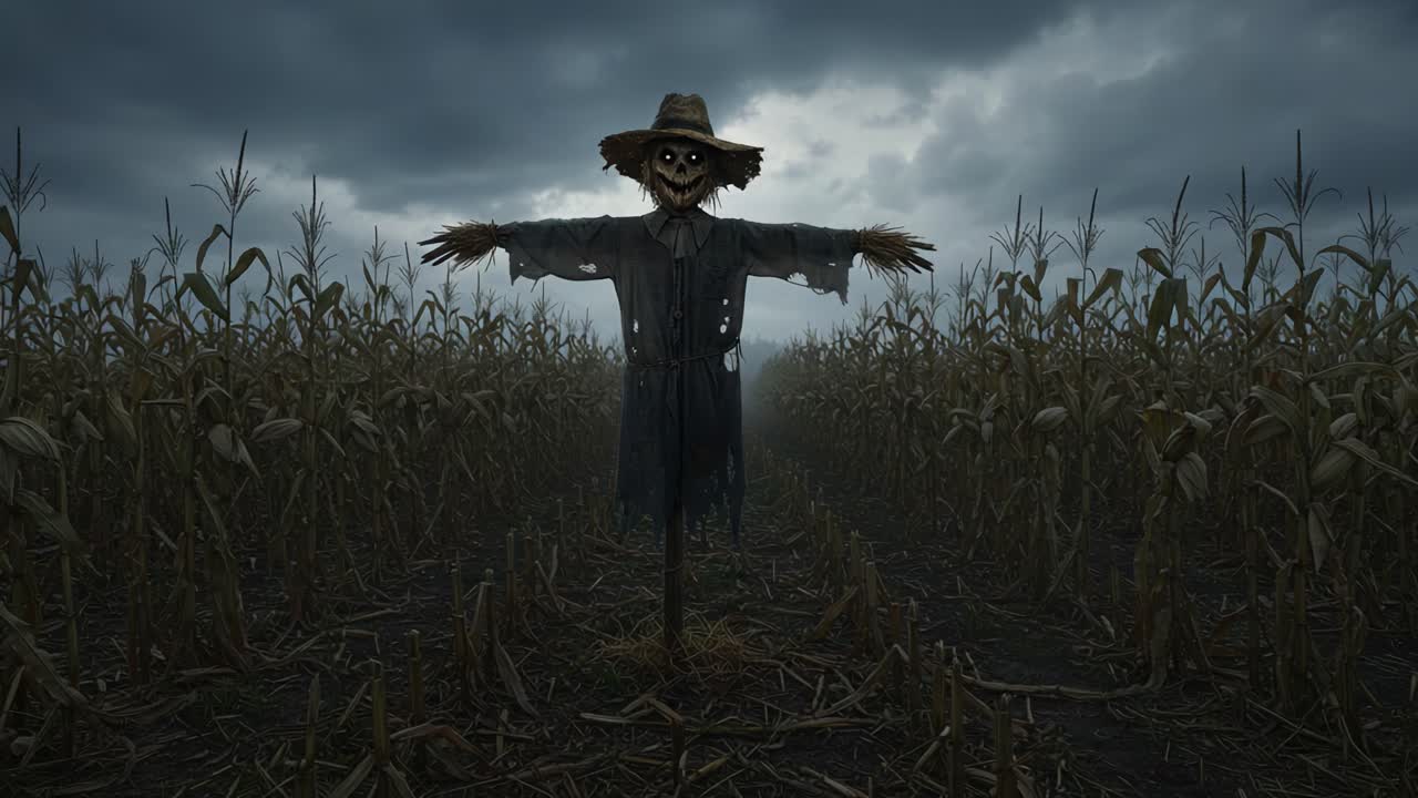Eerie Scarecrow Standing in a Cornfield Under Dark Cloudy Skies: A Haunting Atmosphere Captured Through Shadows and Gloomy Weather