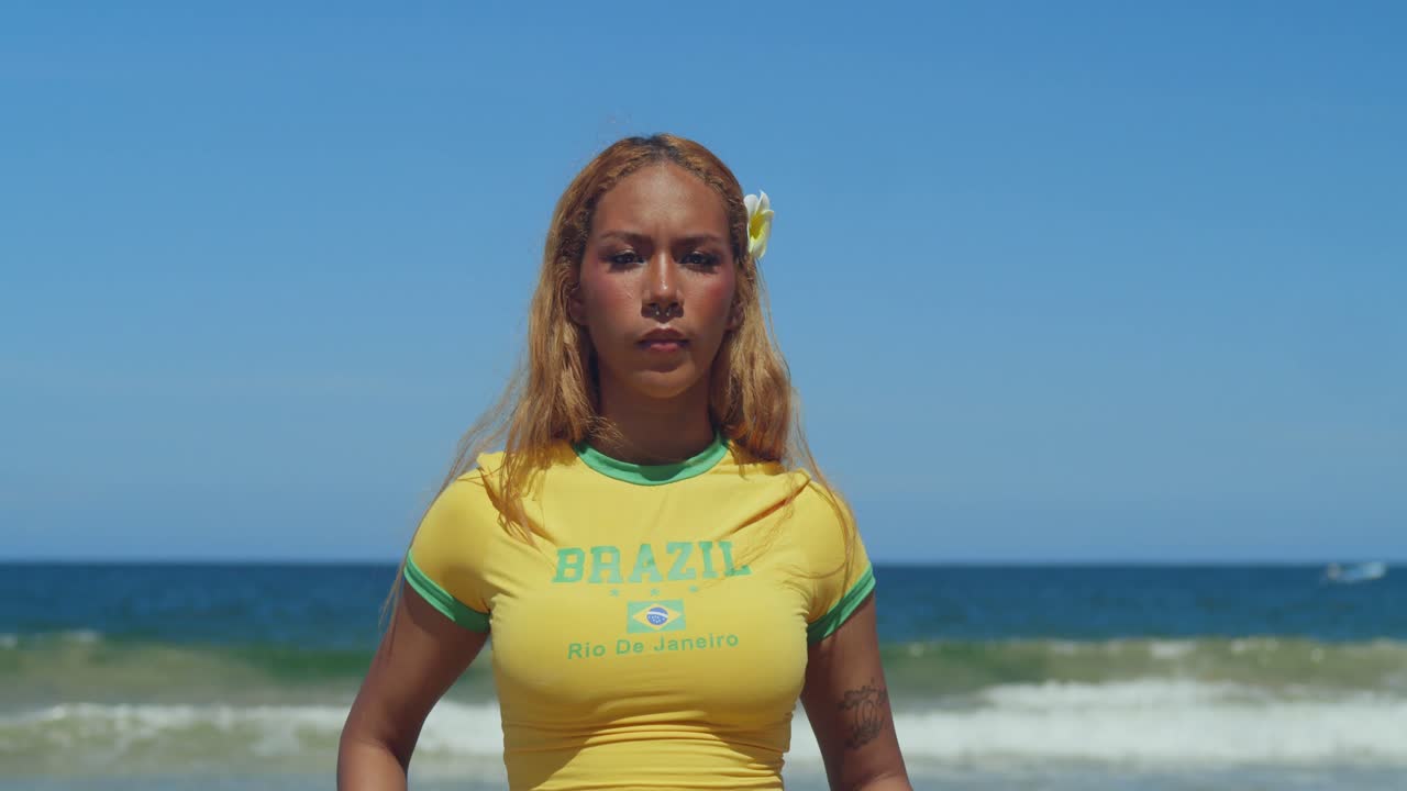 A young woman poses in a bikini at a breathtaking tropical destination