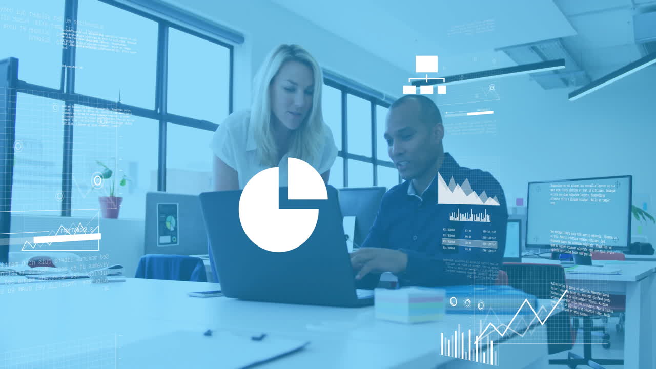 Animation of financial data processing over diverse business people in office