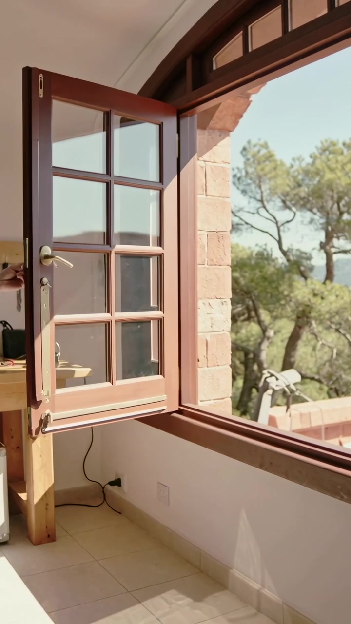 Video vertical: Hombre con delantal azul estirándose para girar un pestillo de latón, abriendo una ventana abatible en un taller para reparar.