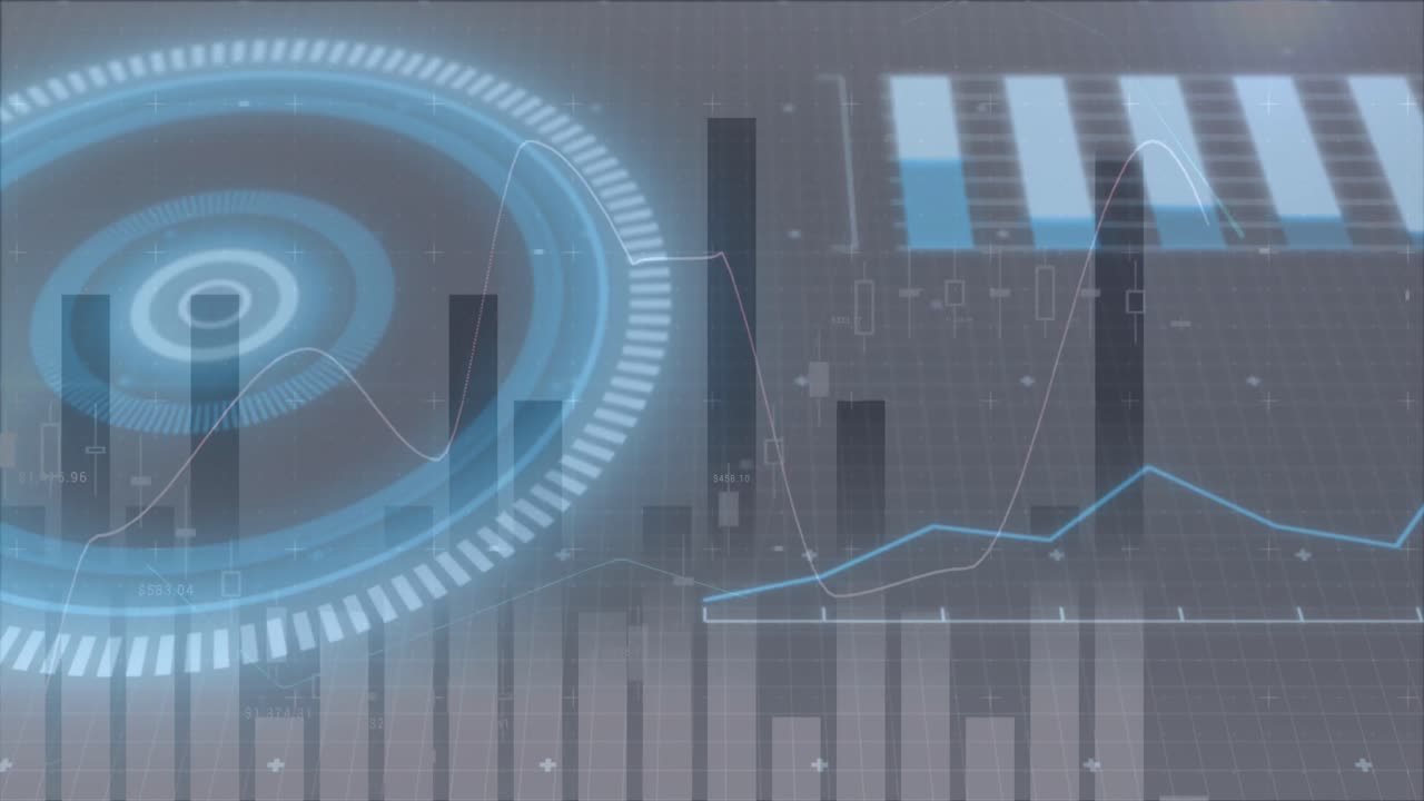 animación de la interfaz brillante con gráficos y gráficos que se mueven sobre un fondo oscuro