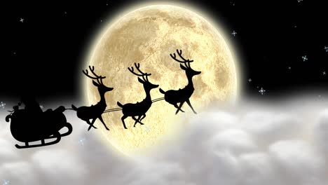 Animation-of-santa-claus-in-sleigh-with-reindeer-moving-over-clouds-and-moon