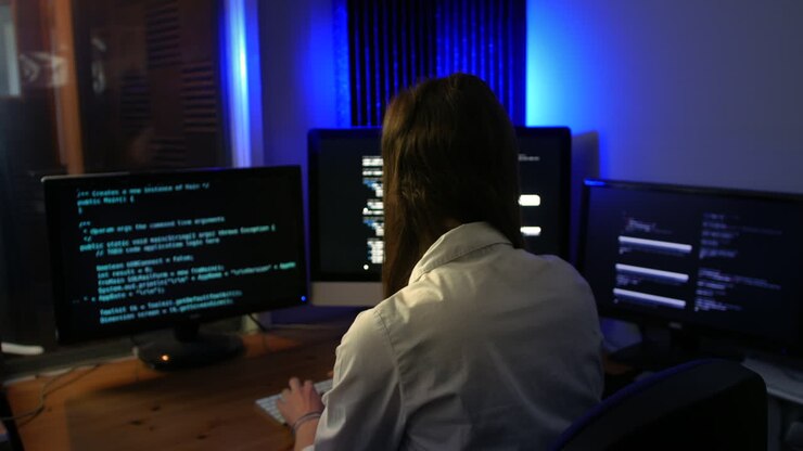 Female computer programmer programming code at night in a dark office