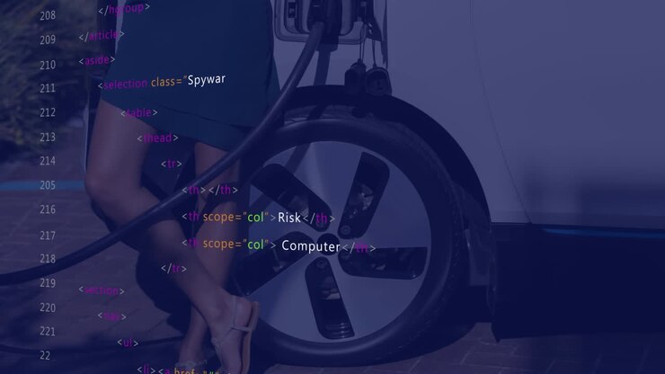 Animation of data processing over caucasian woman charging electric car