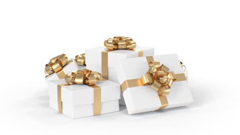 beautiful gift boxes stack rotating on white background seamless. looped 3d animation of isolated turning presents on green screen. alpha mask. holiday concept.