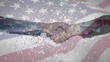 animación de confeti cayendo sobre la bandera estadounidense y el apretón de manos de un hombre de negocios