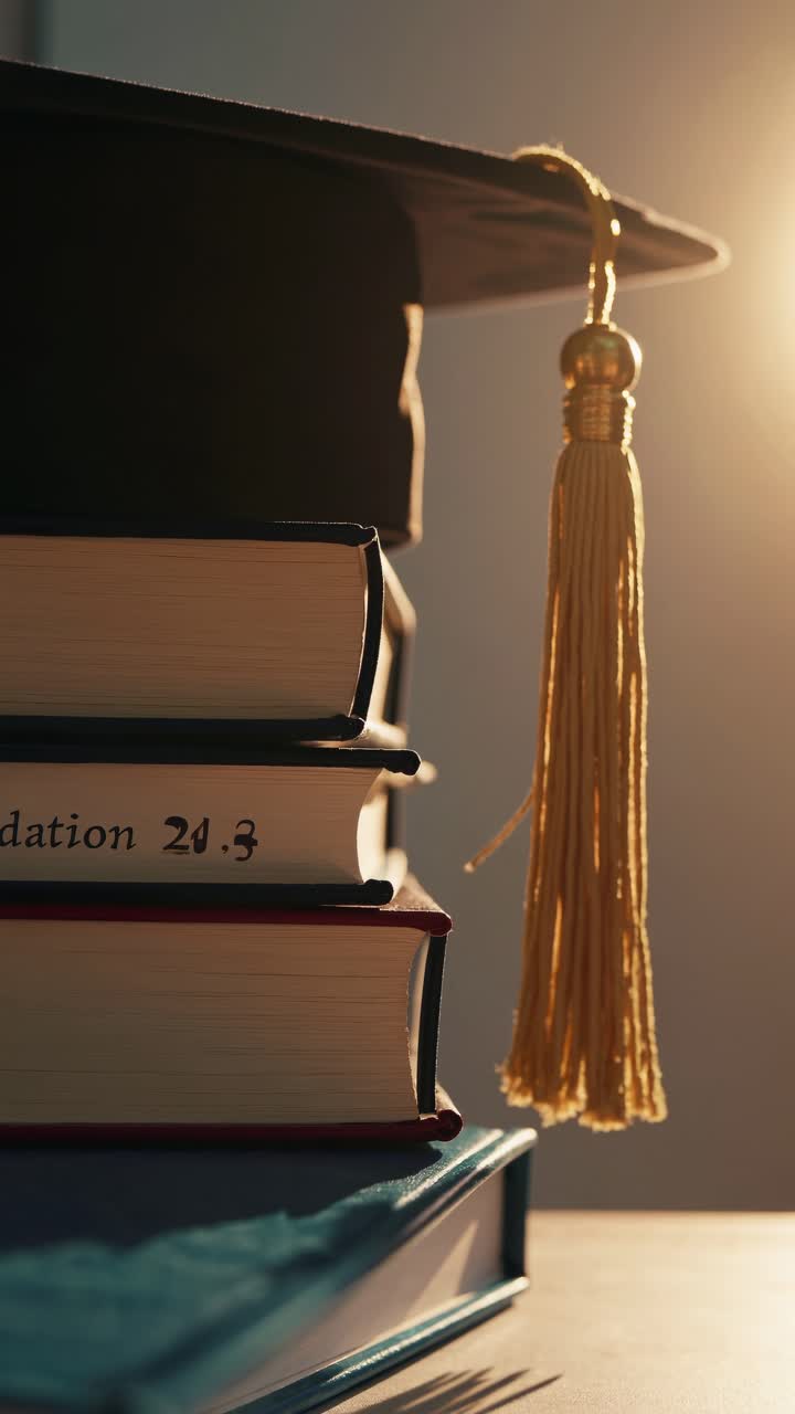 Inquadratura dal basso di un tocco di laurea su libri impilati, illuminato da un caldo sole, che simboleggia l'istruzione.