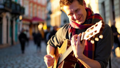 street musician playing acoustic guitar in city