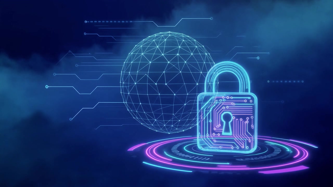 Digital Security Concept with Glowing Padlock and Network Sphere