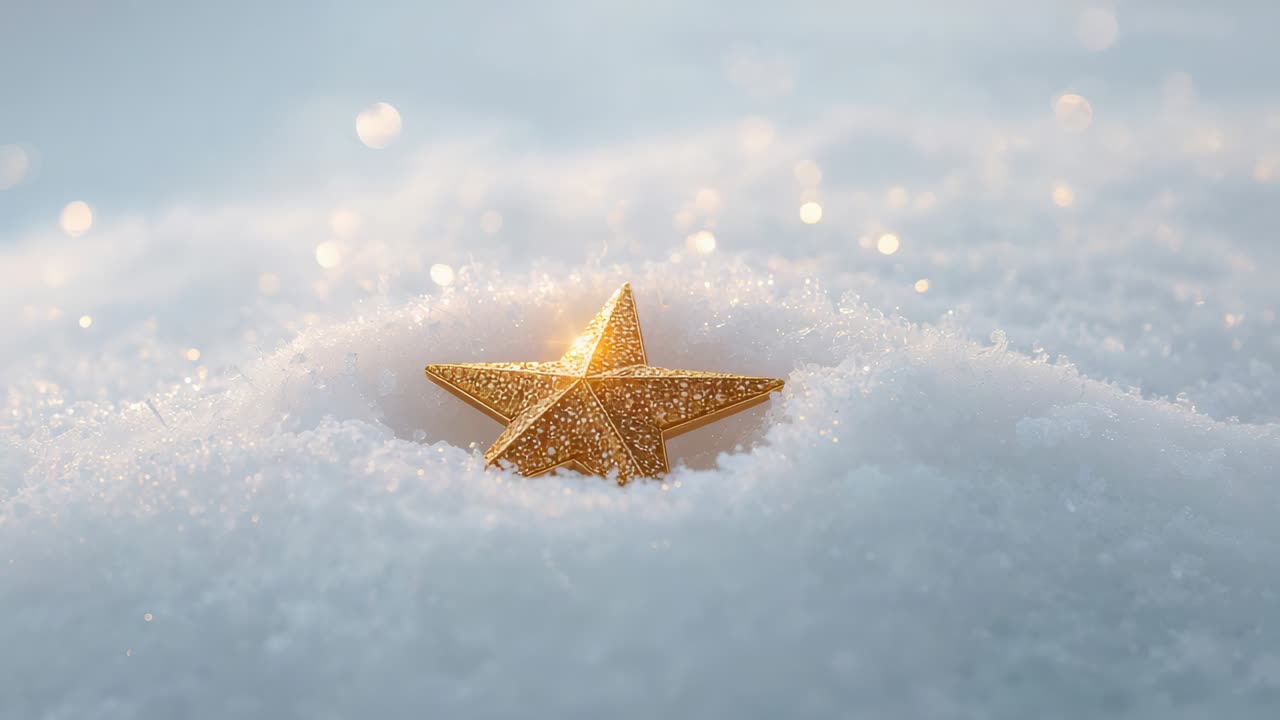 Luce mutevole e zoom della fotocamera che rivelano glitter dorati a forma di stella a cinque punte su neve di cristallo con effetto bokeh