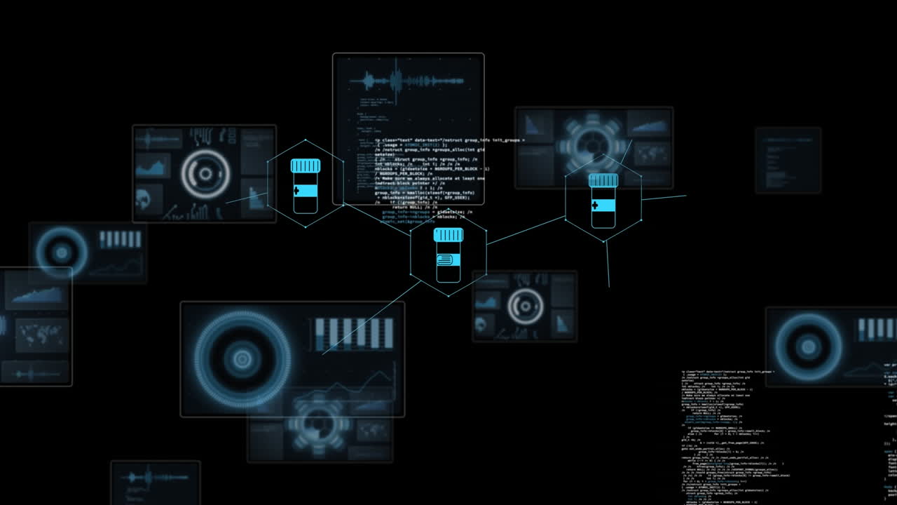 Animation of medical icons and data processing on black background