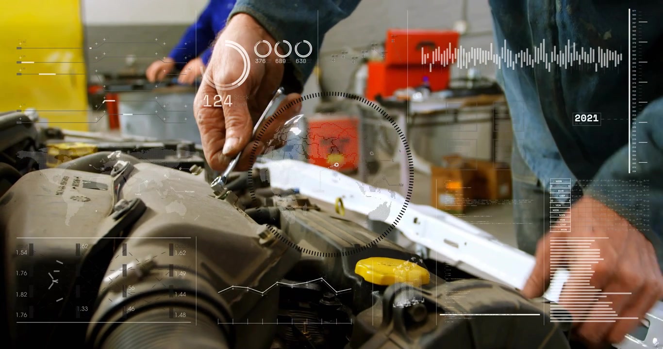 Mechanic hands gripping clamp with pliers loosening and pulling hose for auto repair HUD appearing