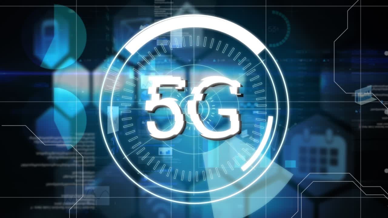 animazione della parola 5g con cerchi rotanti con dati e informazioni galleggianti