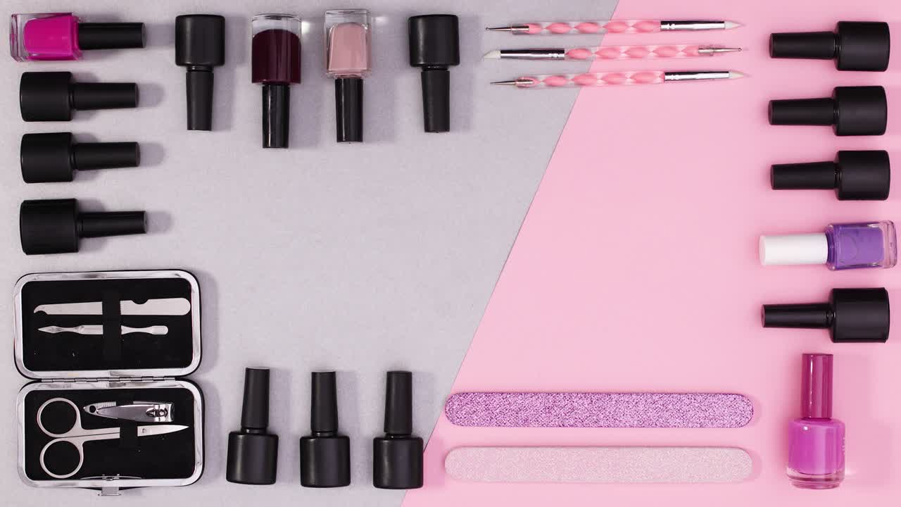 Moving nail manicure accessories and tools frame for text. Stop motion