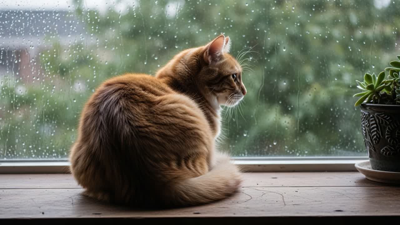 A Curious Cat Enjoys a Rainy Day by the Window, Watching Raindrops Slide Down the Glass while Surrounded by Lush Greenery and Cozy Indoor Ambiance