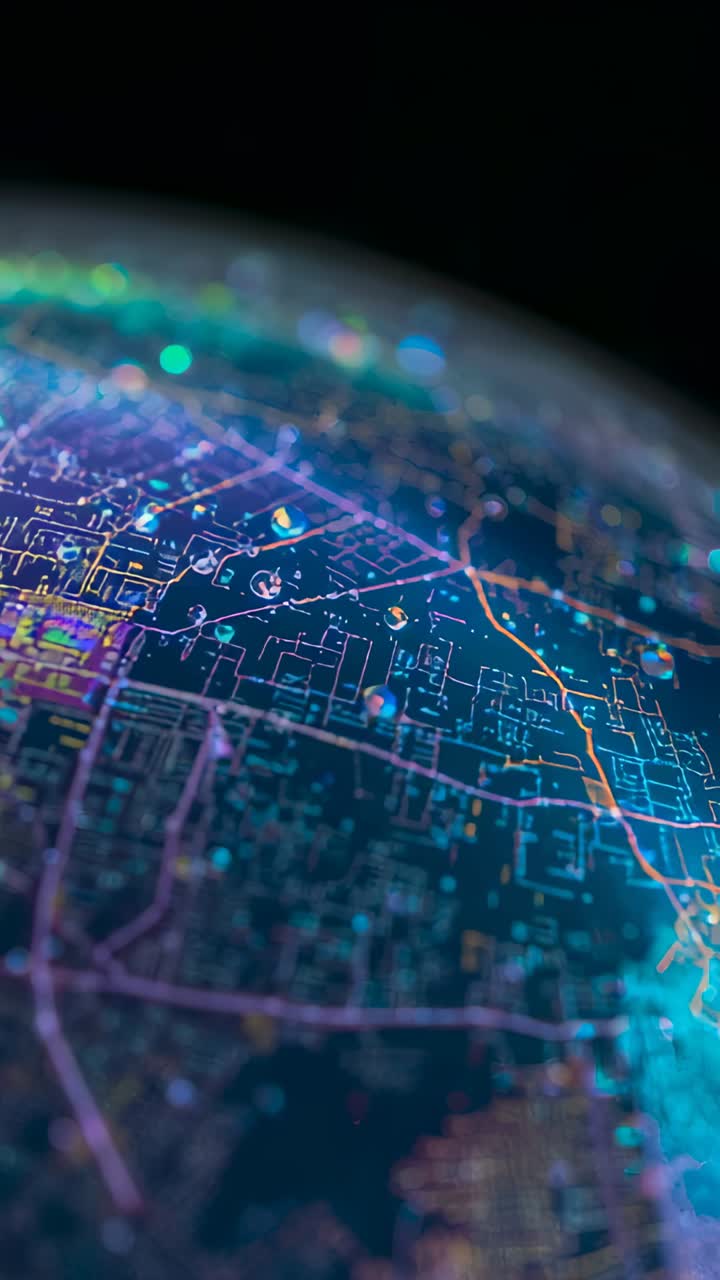 Vertical video: Moving camera revealing lit holo globe on black showing map with routes and nodes