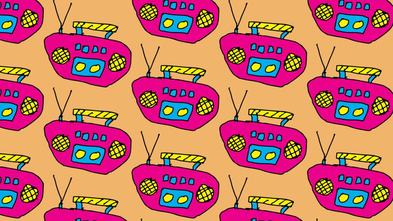 아이들이 테이프 레코더 테마로 팝 아트 시엄리스 배경을 그리고 있습니다.