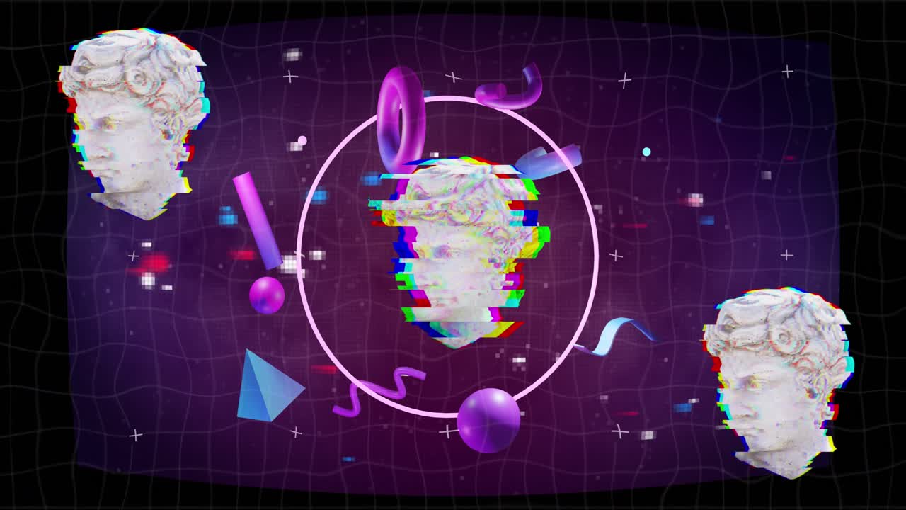 모양 위에 고대 조각의 머리의 애니메이션