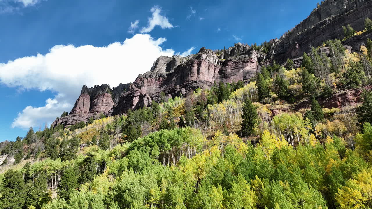 vibrante ladera de la montaña amarilla y verde con cielo azul en telluride, colorado, vista aérea