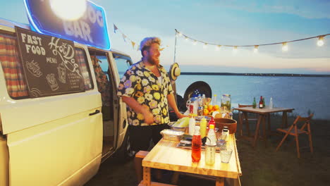 food truck seller giving high five to people and leaving workplace