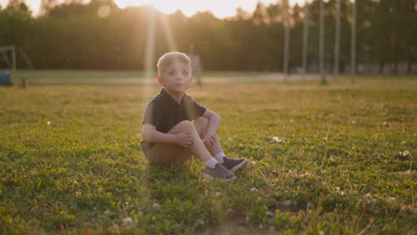 little boy sits in flying insects swarm on lush grass