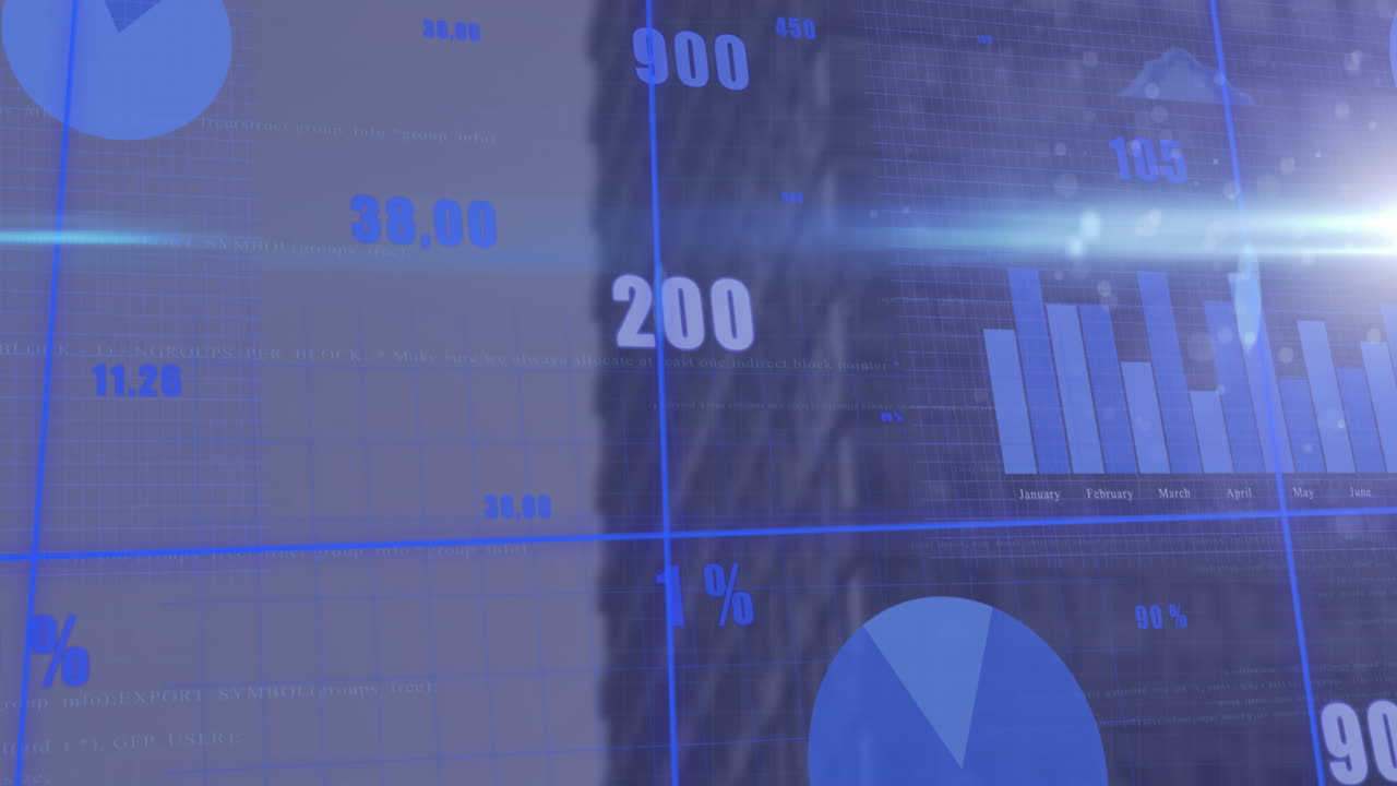 animación del procesamiento de datos estadísticos y punto de luz azul contra la vista aérea de un edificio alto.