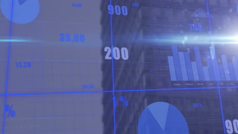 animación del procesamiento de datos estadísticos y punto de luz azul contra la vista aérea de un edificio alto.