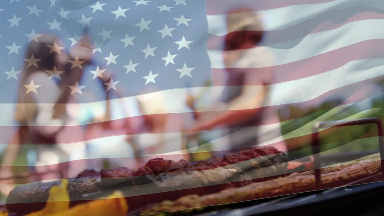 un grupo de amigos celebrando y una bandera estadounidense para el 4 de julio.