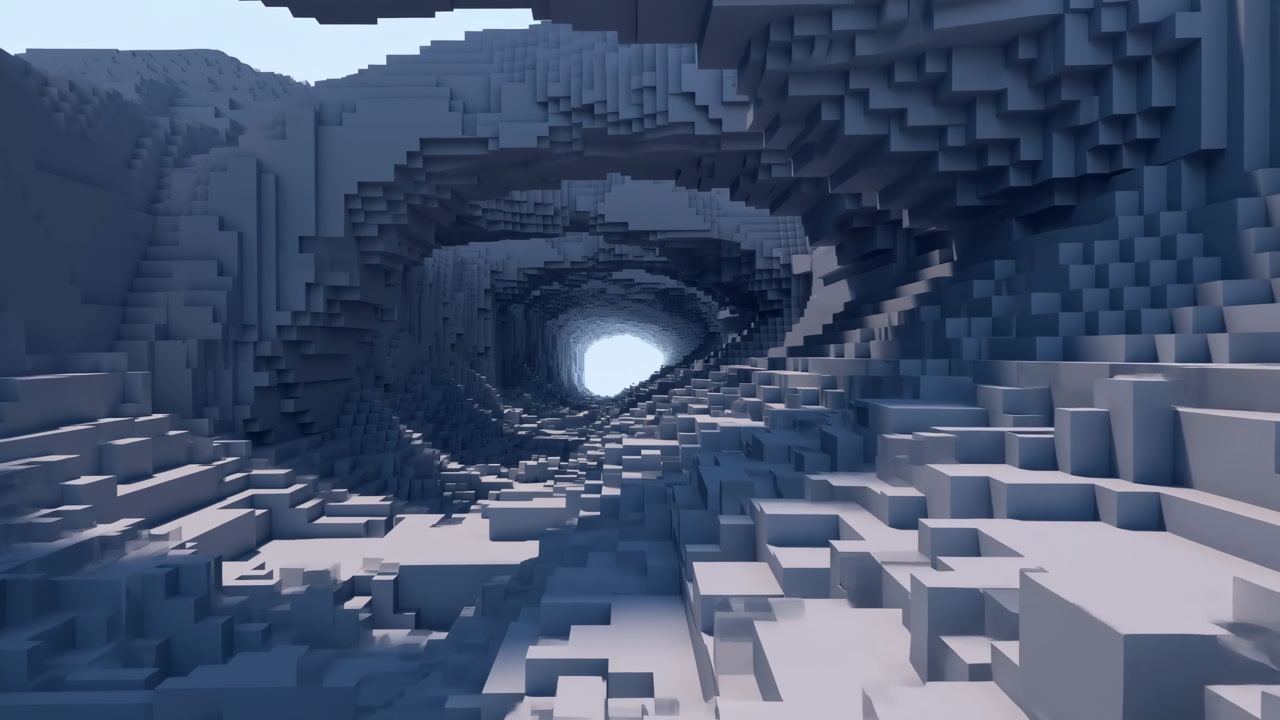 Voxel Tunnel Leading To Bright Light, Blocky Cavern With Cool Blue Tones, Winding Spiral Corridor And Deep