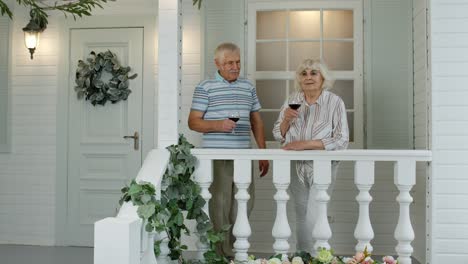 una pareja de ancianos caucásicos bebiendo vino, besándose en el porche de su casa, disfrutando de la vida juntos.