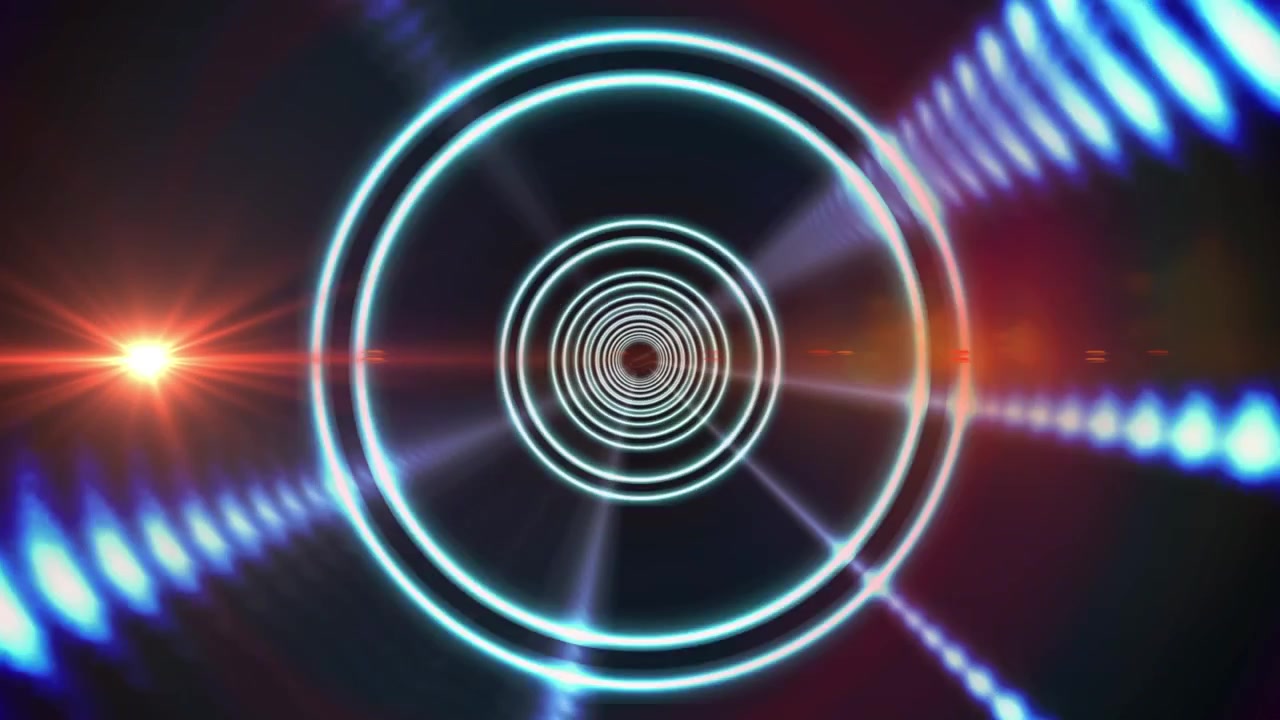 Animazione di un tunnel fatto di cerchi in movimento e luci in uno spazio nero
