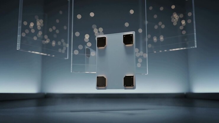 Floating suspended device descending and rotating at studio set, with glass panels and corner pads