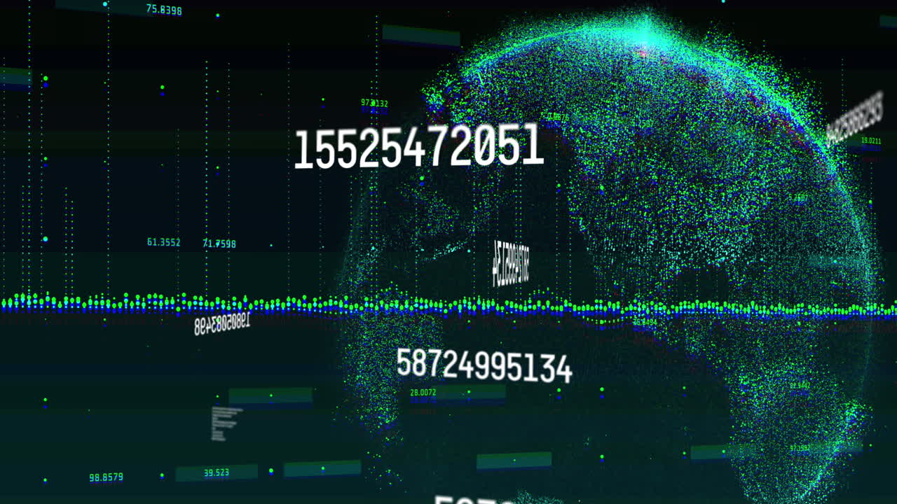 Animation of numbers and connections and globe on black background