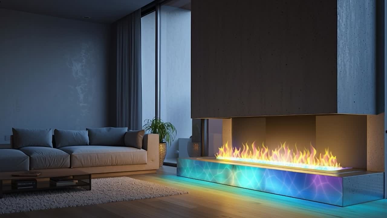 Modern living room with a colorful fireplace in the evening