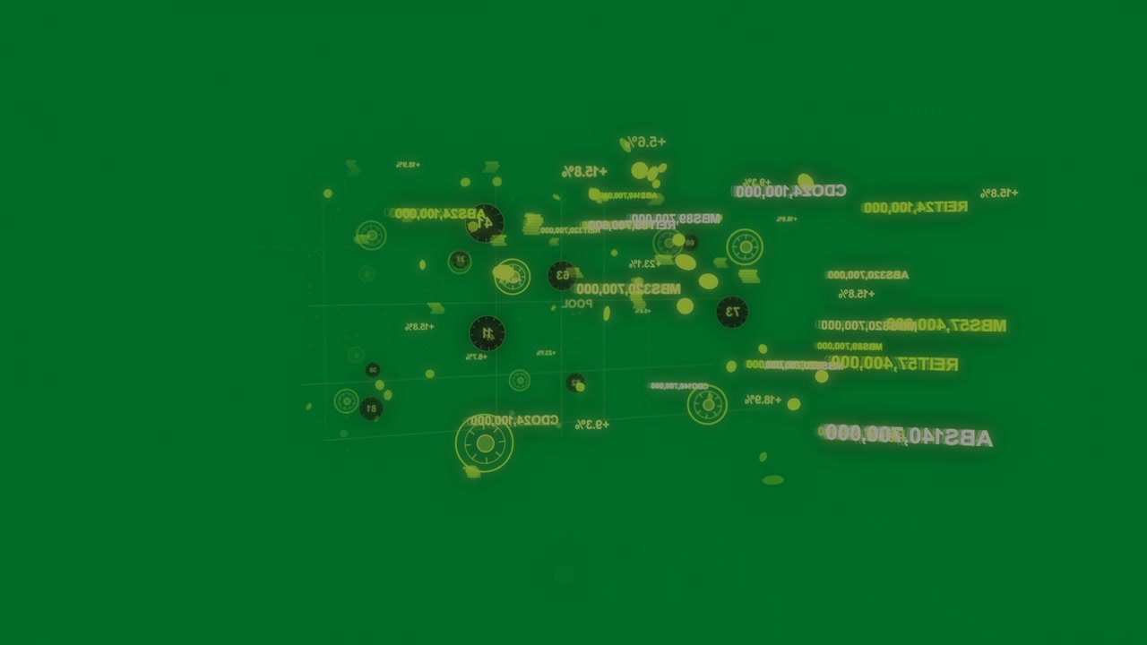 Dim dots appearing left, grouping, neon green HUD cluster forming, pulsing, showing network map